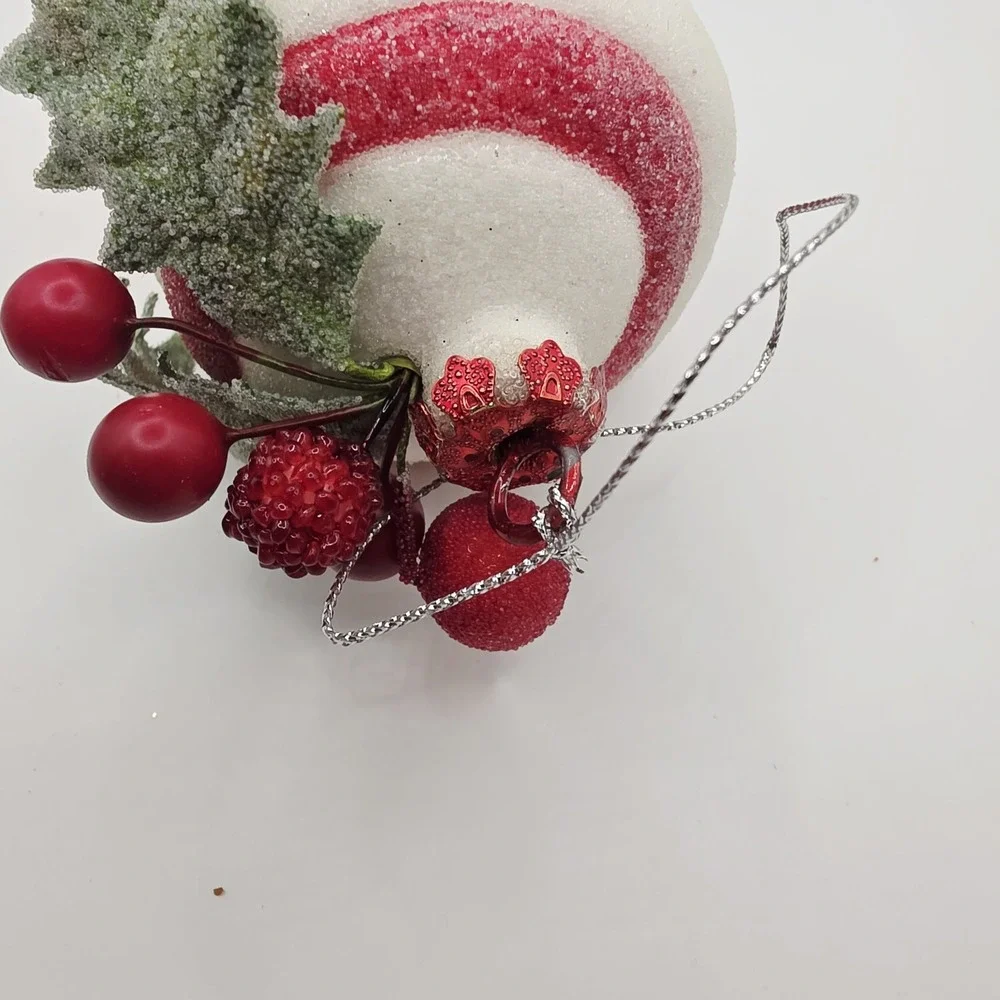 2 pc Red & White Peppermint Striped Shatterproof Sugared Teardrop Xmas Ornaments